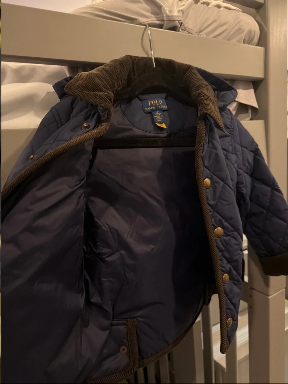 Ralph Lauren Quilted Navy Hooded Jacket with Brown Trim